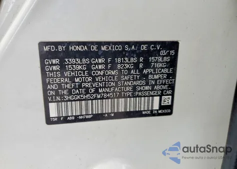 2015 Honda Fit Lx from USA, damaged, VIN 3HGGK5H52FM784517